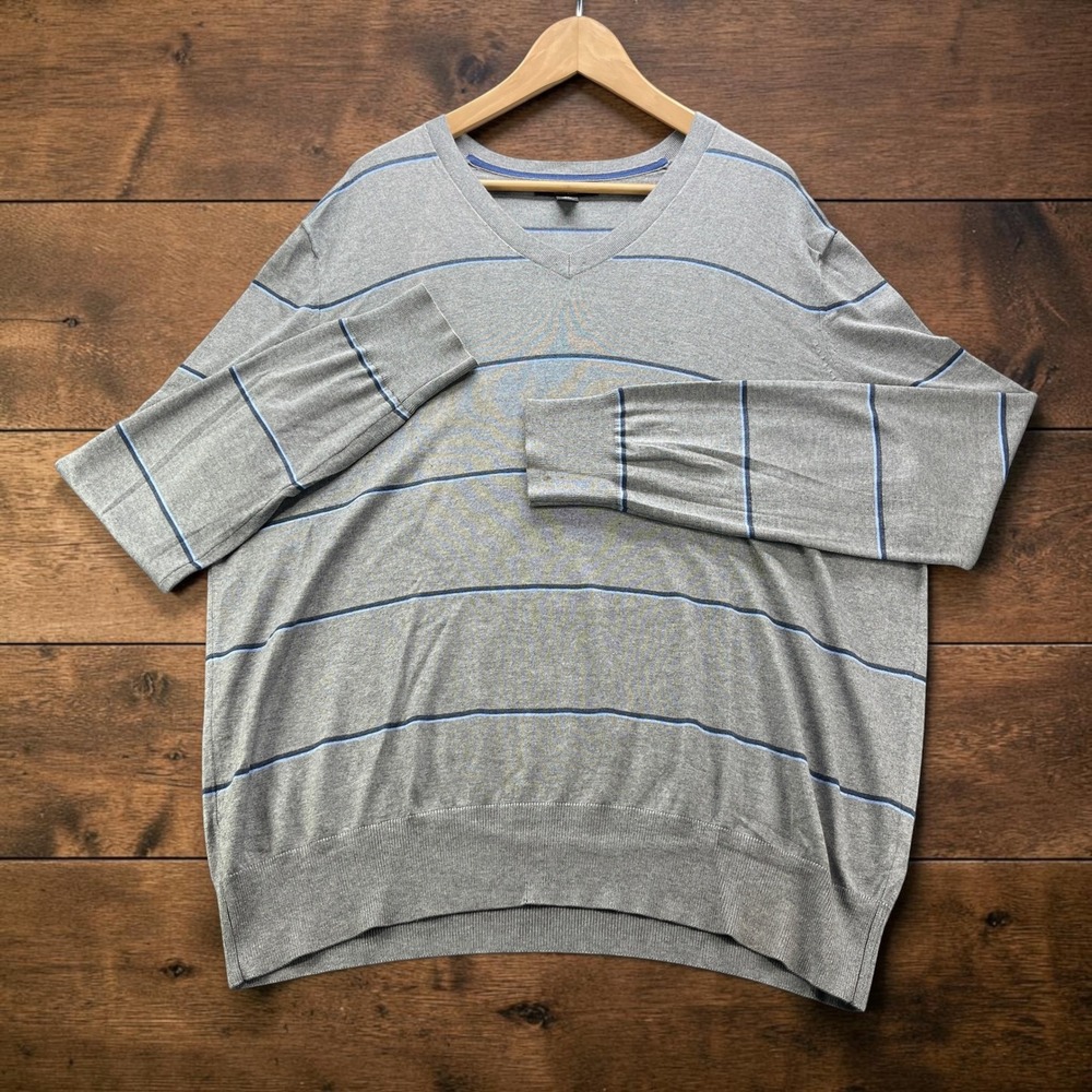 Banana Republic Luxury Blend Silk Cashmere Striped V-Neck Sweater Grey XL